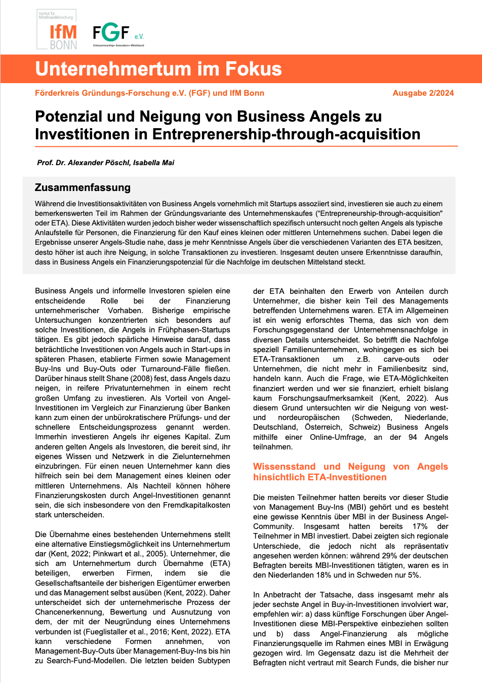 Titel IfM Bonn Business Angels als Finanzierungsoption für Unternehmensnachfolgen
