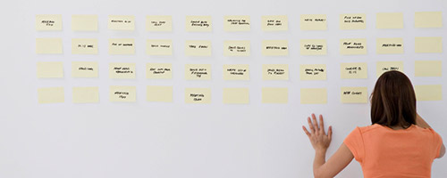Eine Frau sortiert Post-Its an einer Metaplan-Wand. Eine Frau sortiert Post-Its an einer Metaplan-Wand.